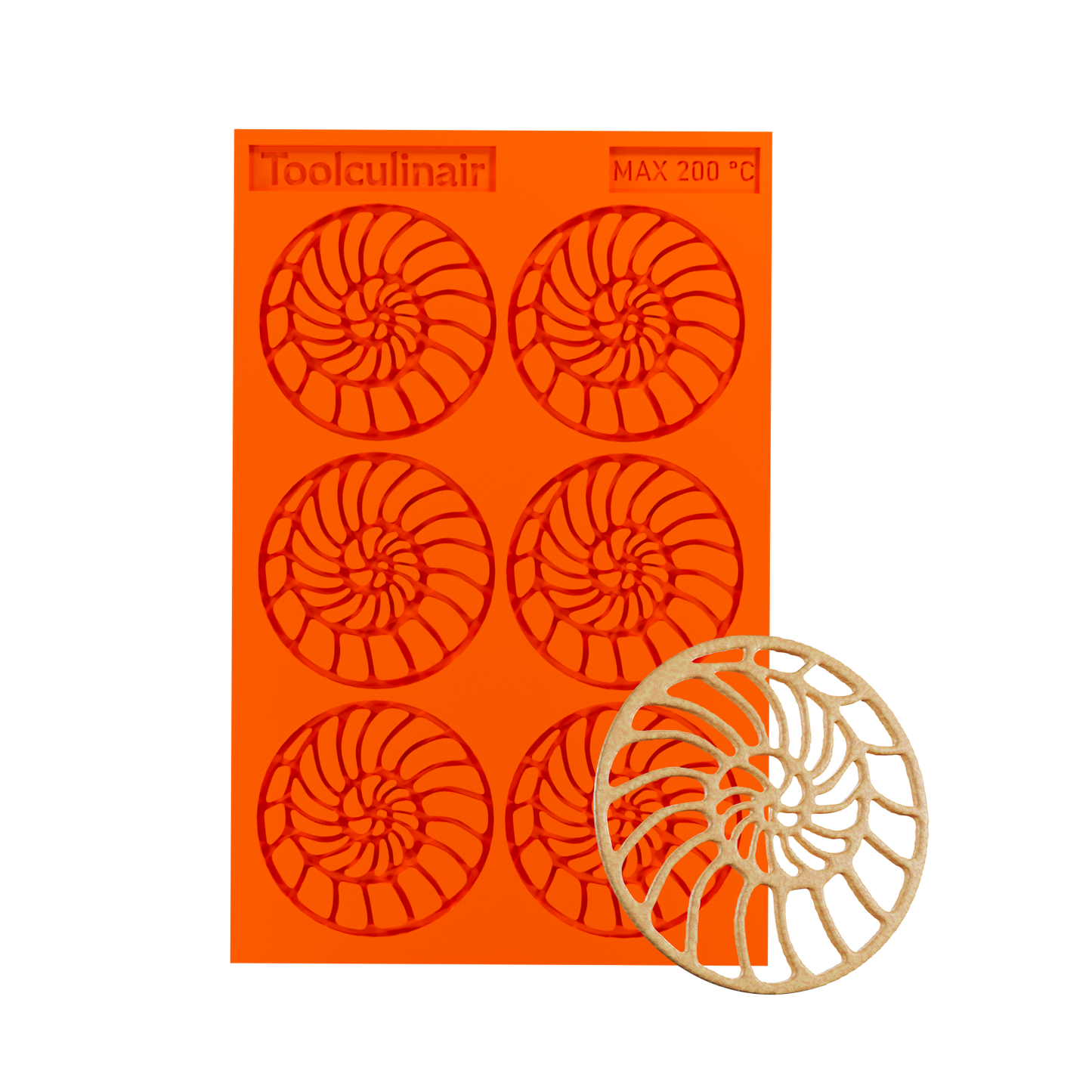 Photo of the Ammonite food safe silicone tuile mold alongside a matching tuile cookie, showcasing intricate spiral shell design ideal for sweet and savory pastry decorations.