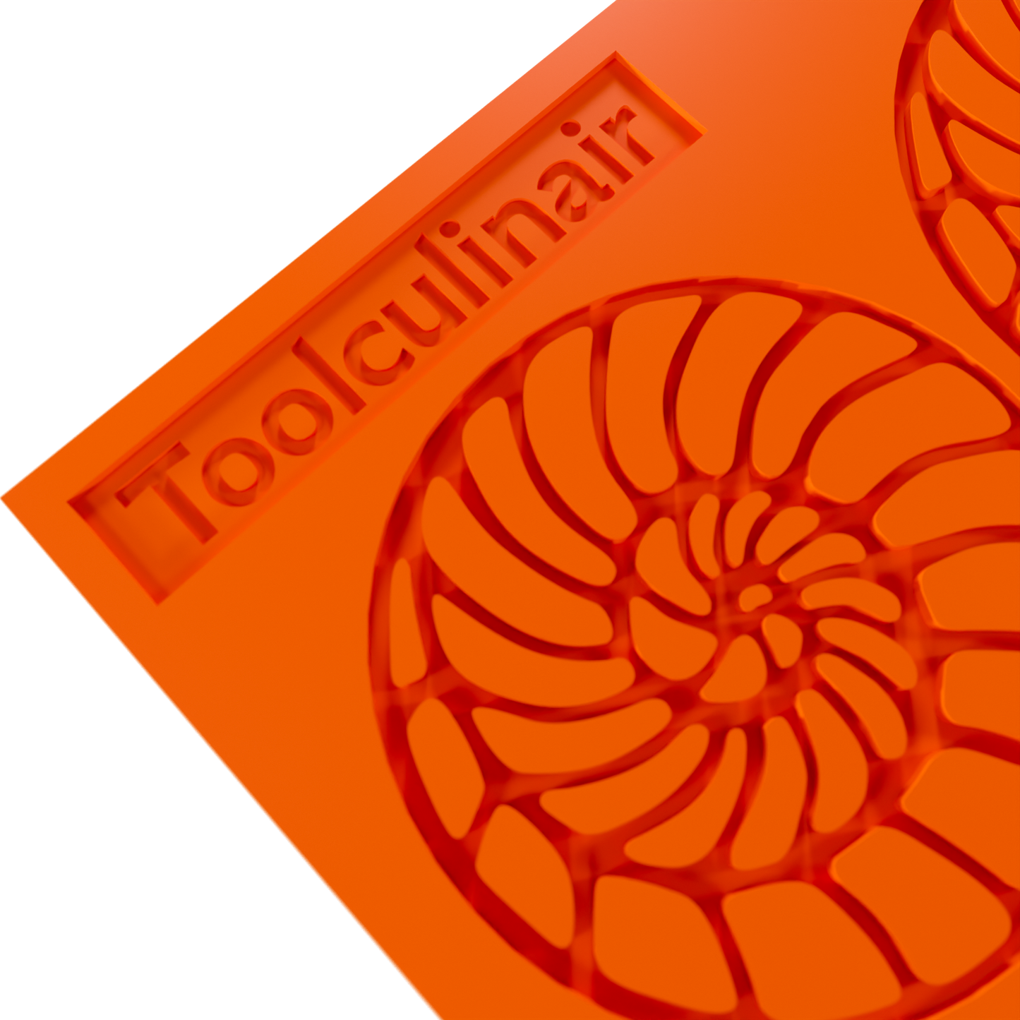 Close up photo of the Ammonite food safe silicone tuile mold, highlighting the intricate spiral shell design and flexible material ideal for detailed pastry decorations.
