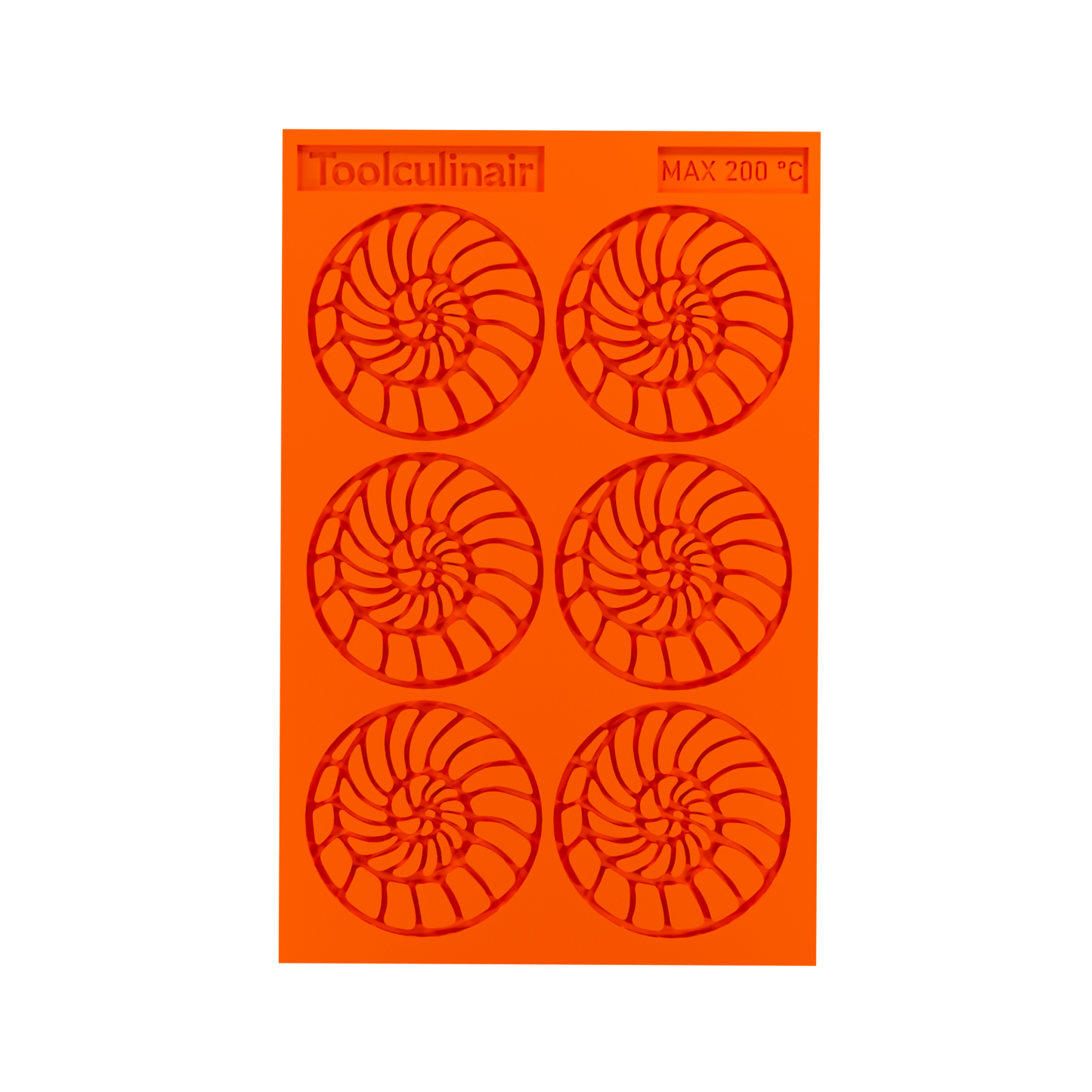Top view photo of the Ammonite food safe silicone tuile mold, featuring detailed spiral shell cavities perfect for crafting elegant sweet and savory pastry decorations.