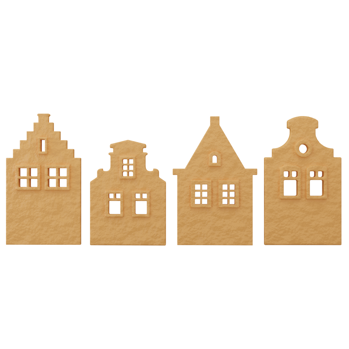3D render of crispy tuile cookies shaped like traditional Dutch canal houses showcasing detailed gable designs ideal for refined pastry presentations and themed dessert plating.