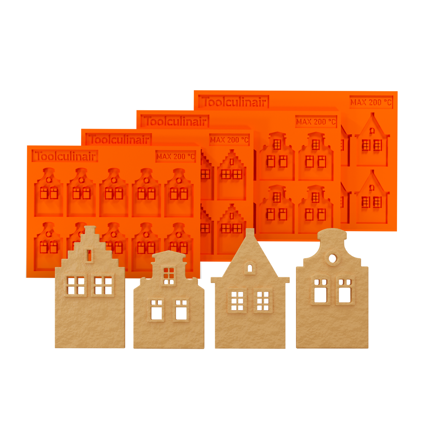 3D render of the Dutch Icons set of 4 food-safe silicone tuile molds with matching canal house shaped tuiles – featuring traditional Dutch gable designs for creative pastry decoration and elegant dessert plating