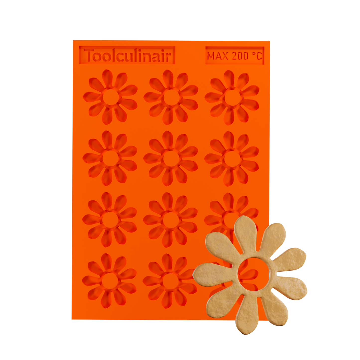Photo of the Enneaflower food safe silicone tuile mold with a matching tuile cookie, showcasing elegant nine-petal floral design ideal for sweet and savory pastry decorations.