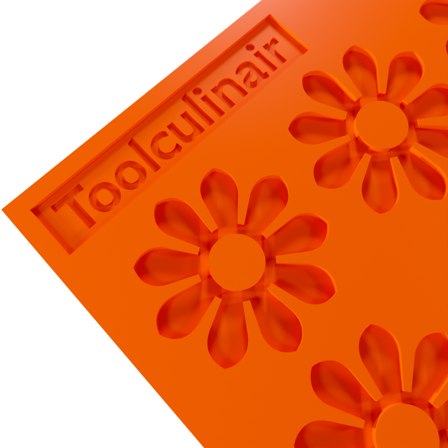 Close up photo of the Enneaflower food safe silicone tuile mold, highlighting detailed nine-petal floral design and flexible material perfect for delicate pastry creations.