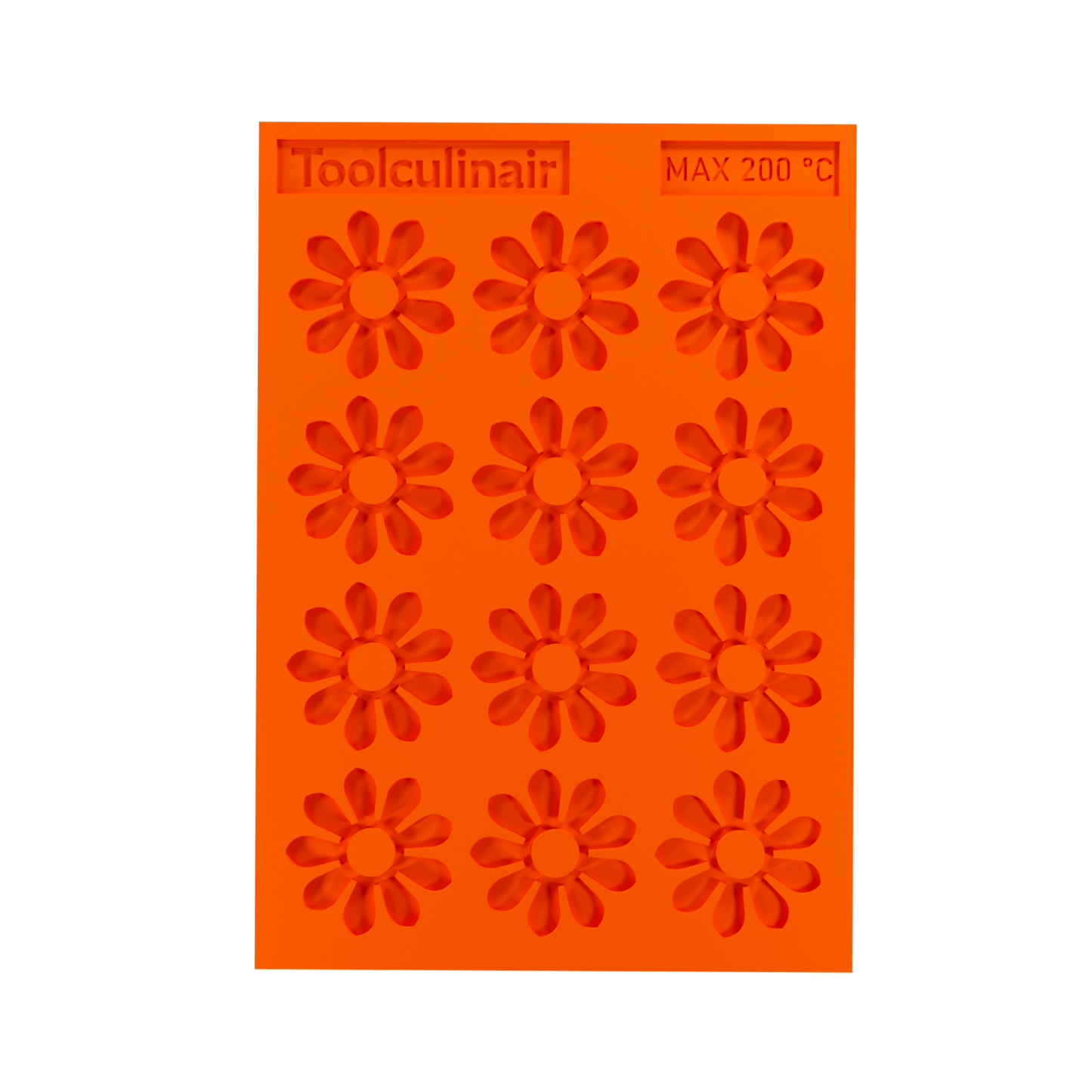 Top view of the Enneaflower food safe silicone tuile mold, featuring intricate nine-petal floral cavities ideal for crafting elegant sweet and savory pastry decorations.