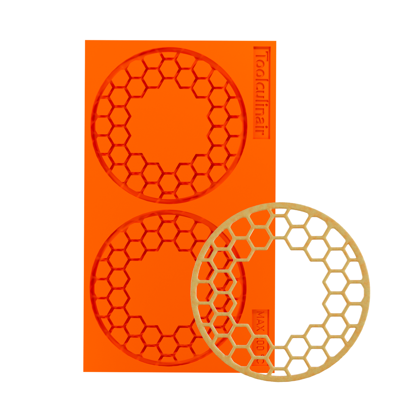 Photo of the Hiveorb food safe silicone tuile mold with a matching tuile cookie, showcasing a unique honeycomb design ideal for sweet and savory pastry decorations.