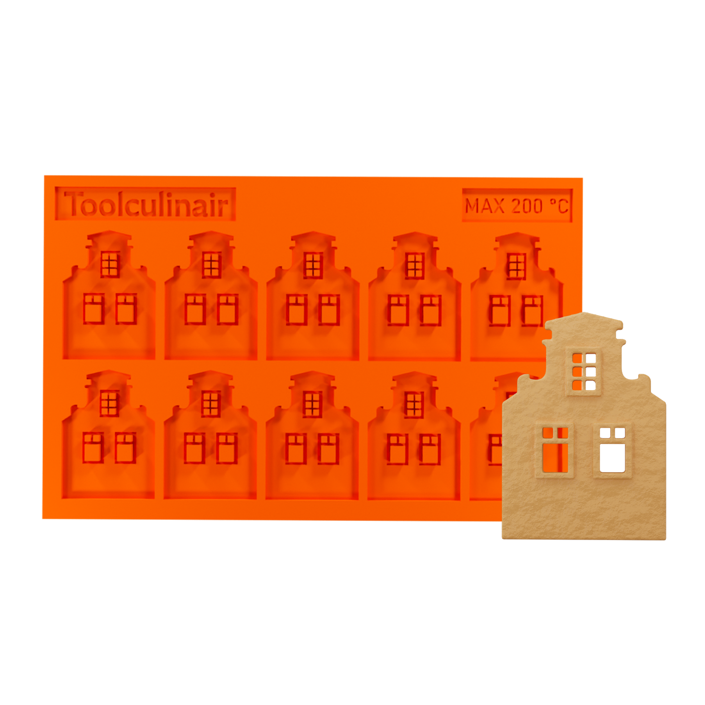 Front side view of the Neck Gable food safe silicone tuile mold designed to create precise Dutch canal house shaped tuiles for elegant pastry decoration and refined dessert plating.