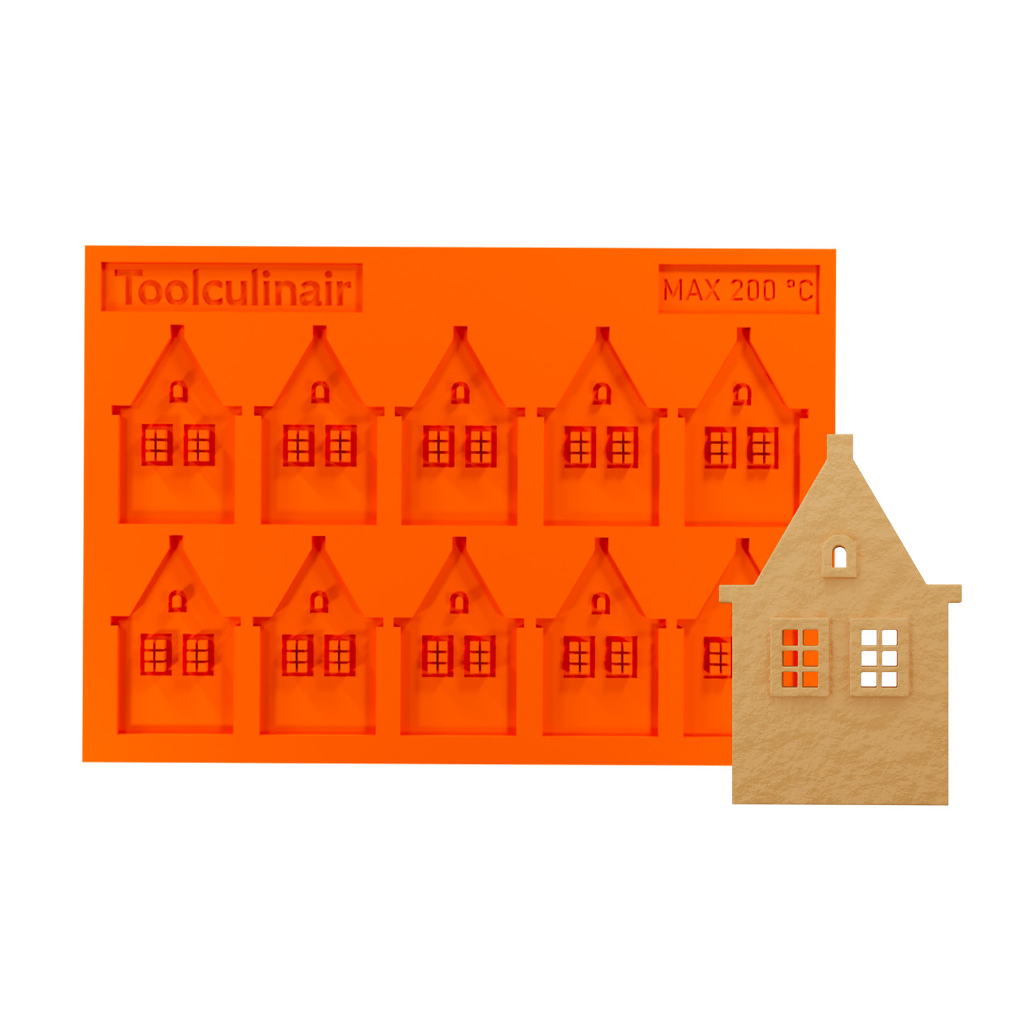 Front side view of the Spout Gable food safe silicone tuile mold designed to create detailed Dutch canal house shaped tuiles for elegant pastry garnishes and themed dessert presentations.