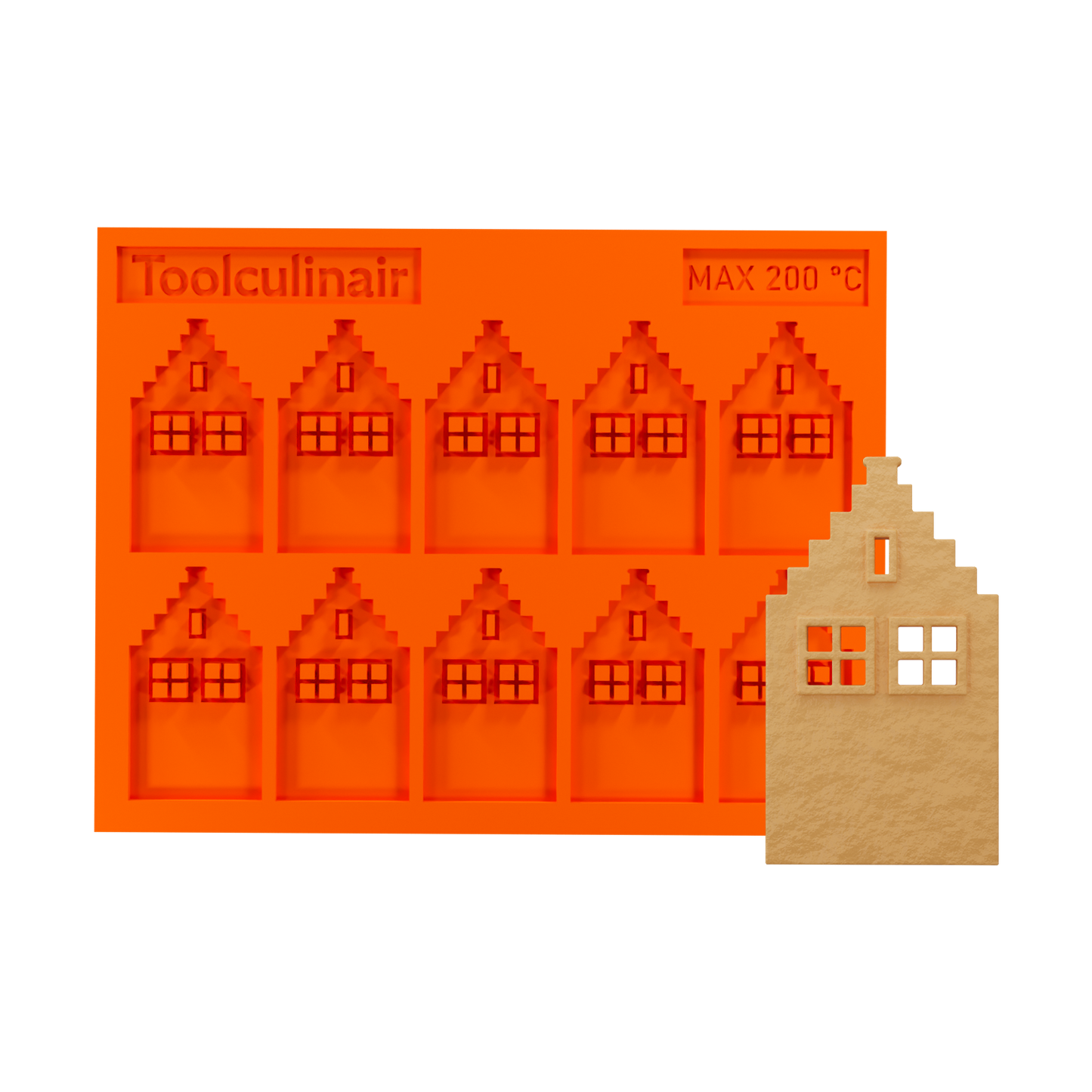 Front side view of the Step Gable food safe silicone tuile mold designed to create intricate Dutch canal house shaped tuiles for refined pastry decoration and elegant dessert plating.
