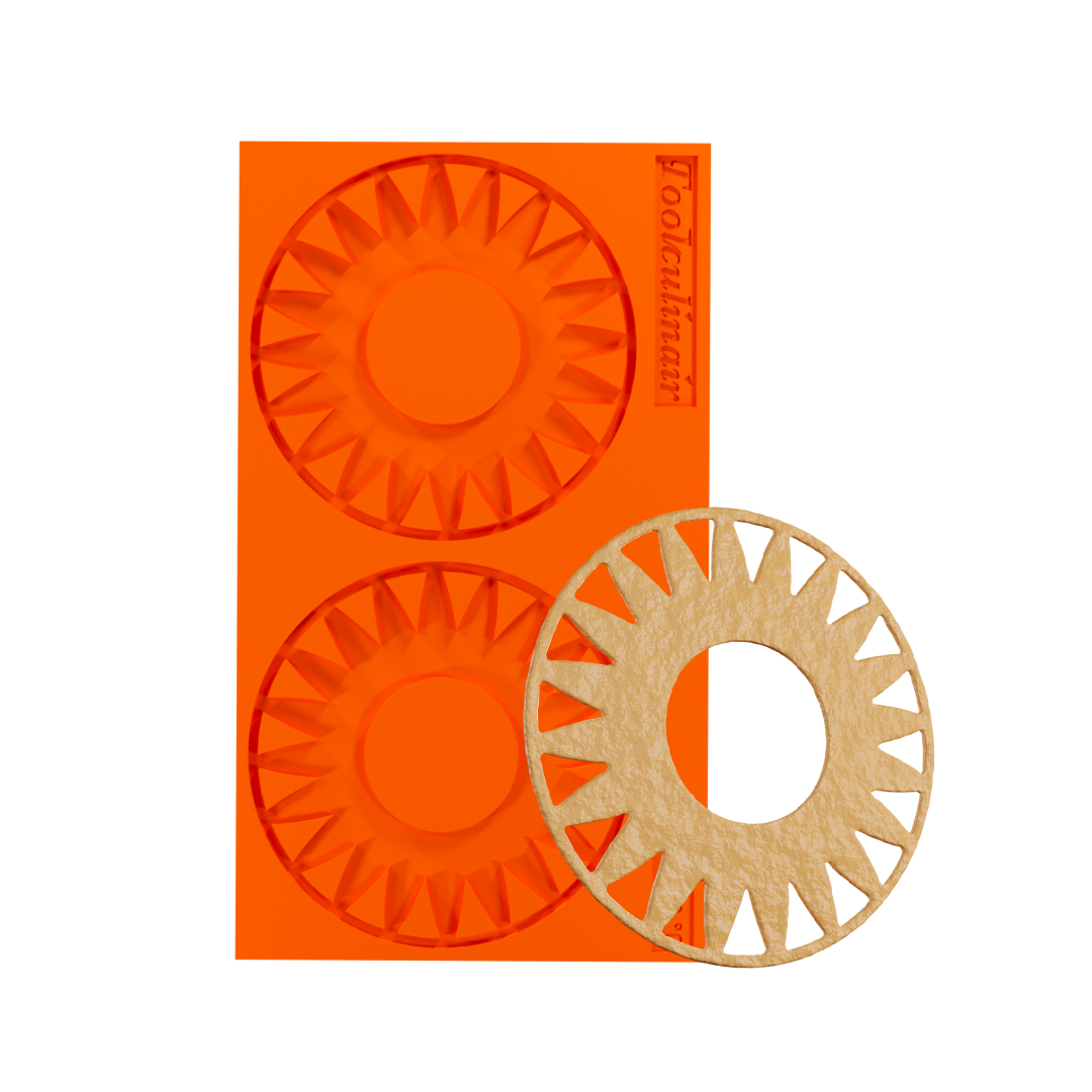 Front view of the Sunburst Ring food safe silicone tuile mold with a matching baked tuile cookie, designed for creating elegant and crispy pastry decorations perfect for gourmet dessert plating.