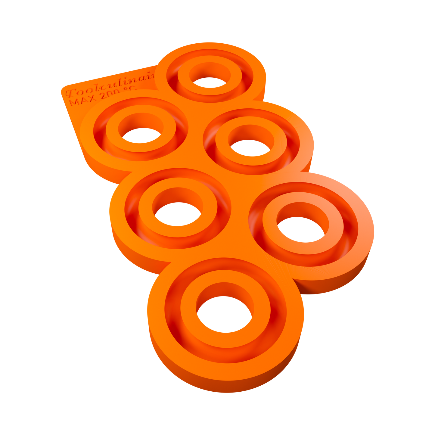 Front view of the Torus 6 cm food safe silicone 3D mold with six ring shaped cavities, ideal for crafting refined sweet and savory pastry decorations for appetizers and main courses.