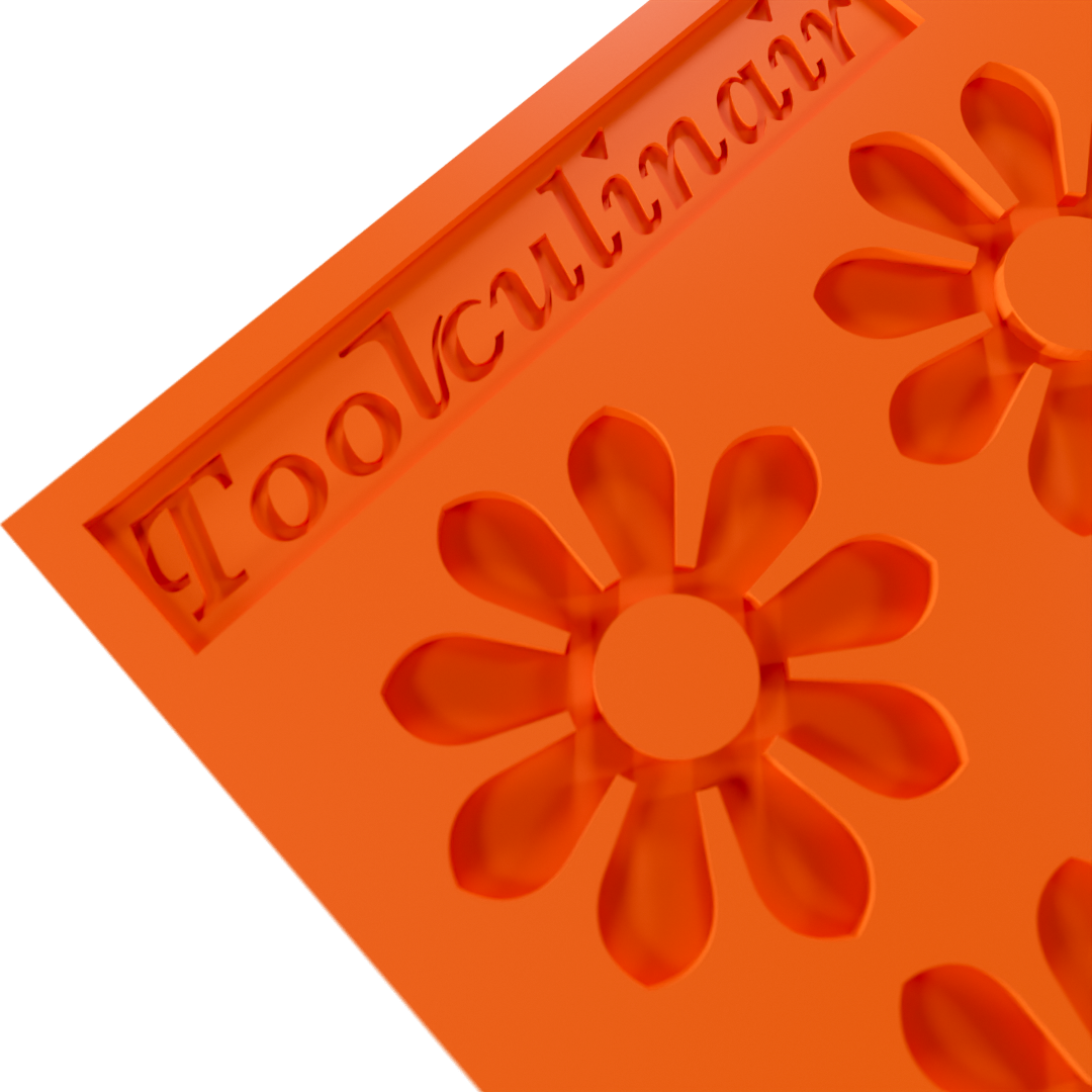 Close-up of Toolculiar's Enneaflower silicone tuile mold for pastry decoration, fine dining, and elegant dessert plating, featuring a detailed nine-petal flower pattern