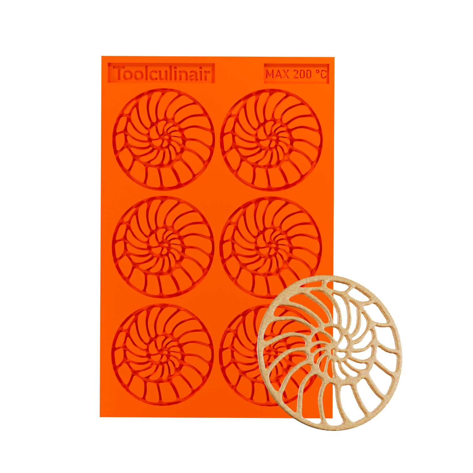 Photo of the Ammonite food safe silicone tuile mold alongside a matching tuile cookie, showcasing intricate spiral shell design ideal for sweet and savory pastry decorations.
