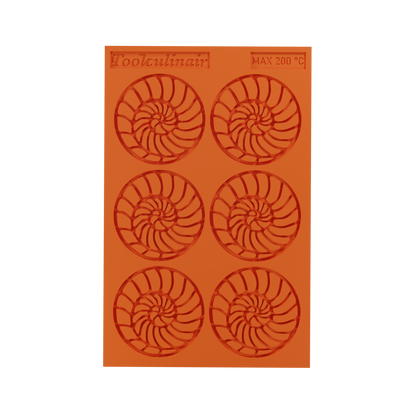 Full view of the ammonite silicone mold, food-safe and designed for detailed tuile creations.