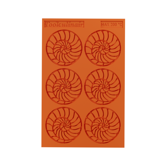 Full view of the ammonite silicone mold, food-safe and designed for detailed tuile creations.