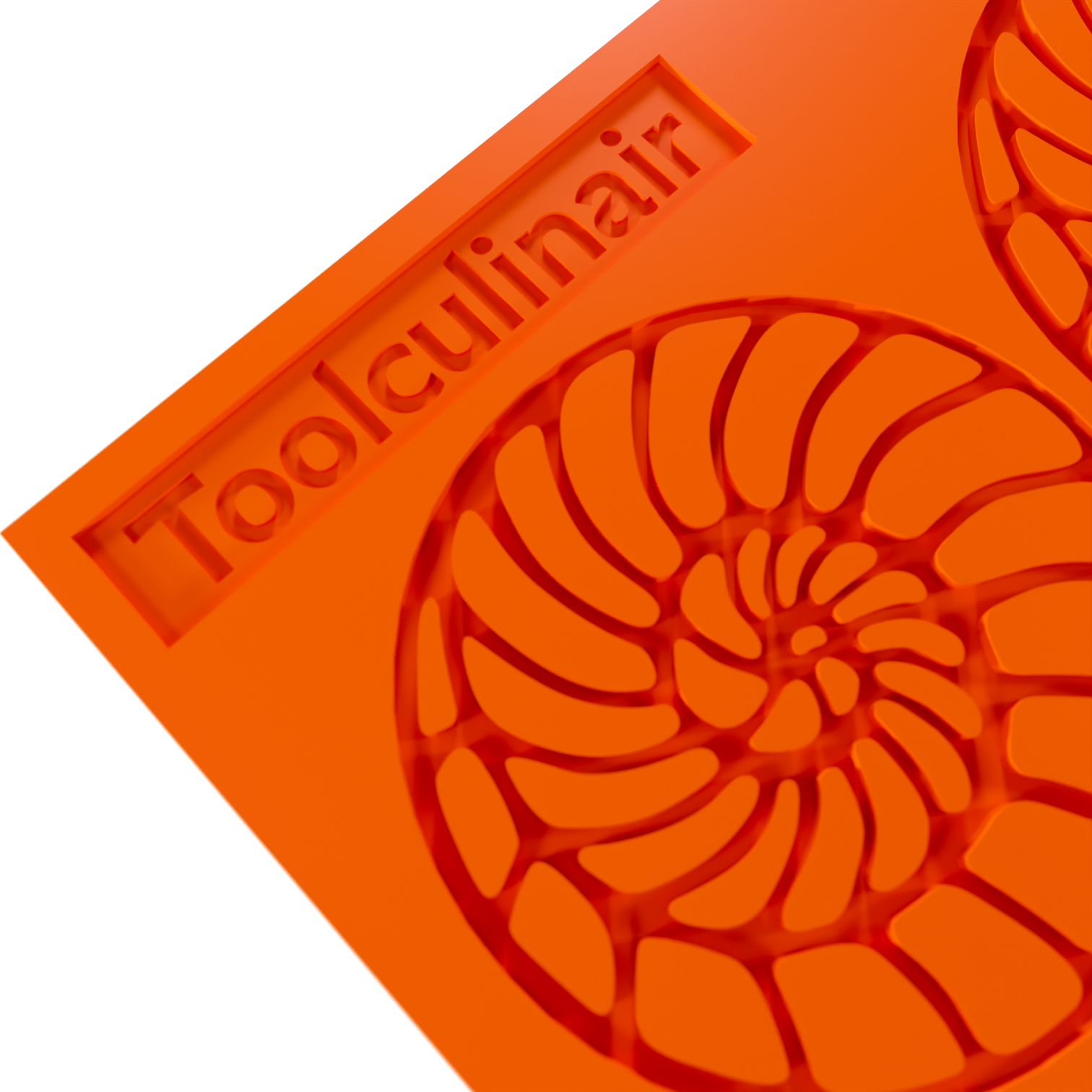 Close up photo of the Ammonite food safe silicone tuile mold, highlighting the intricate spiral shell design and flexible material ideal for detailed pastry decorations.