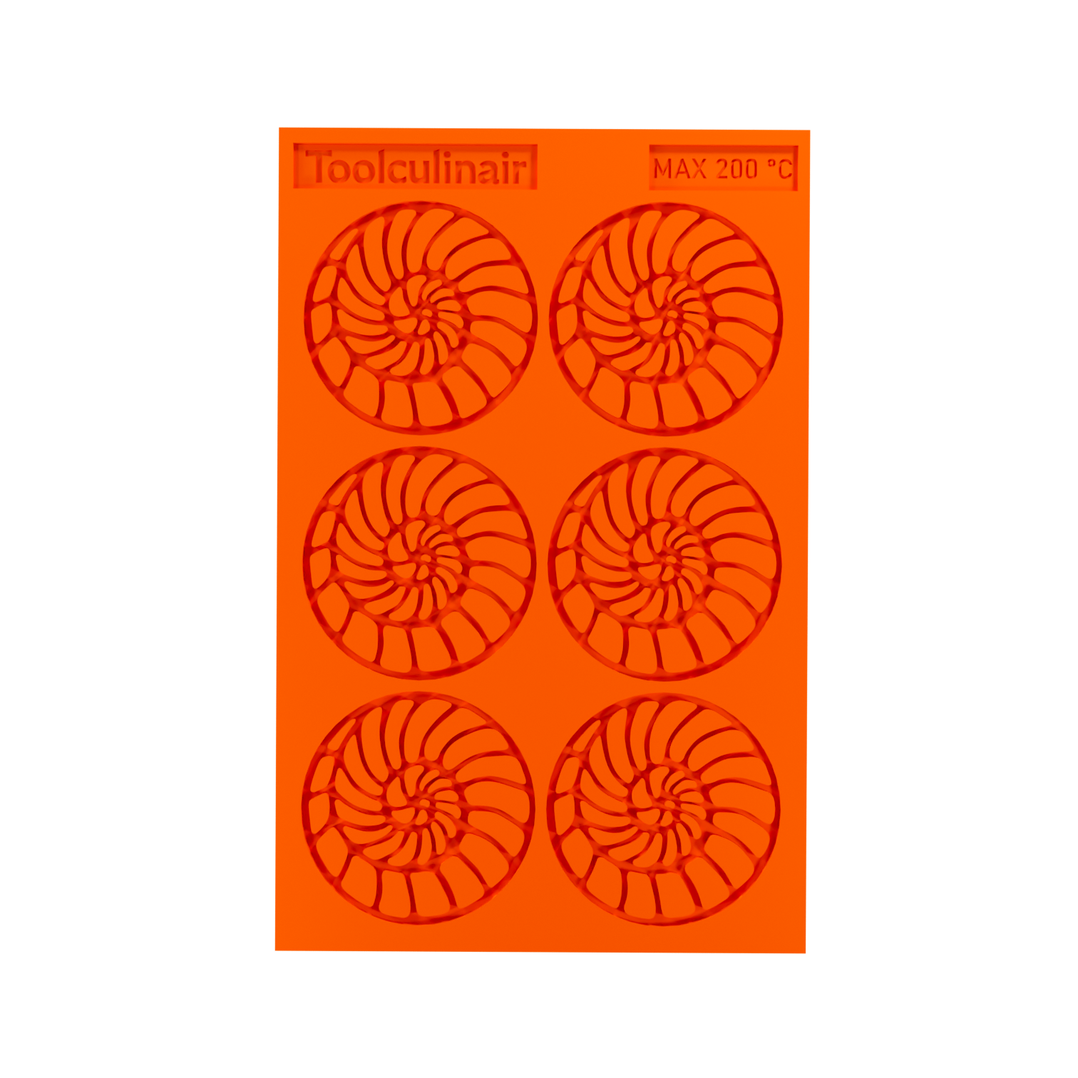 Top view photo of the Ammonite food safe silicone tuile mold, featuring detailed spiral shell cavities perfect for crafting elegant sweet and savory pastry decorations.