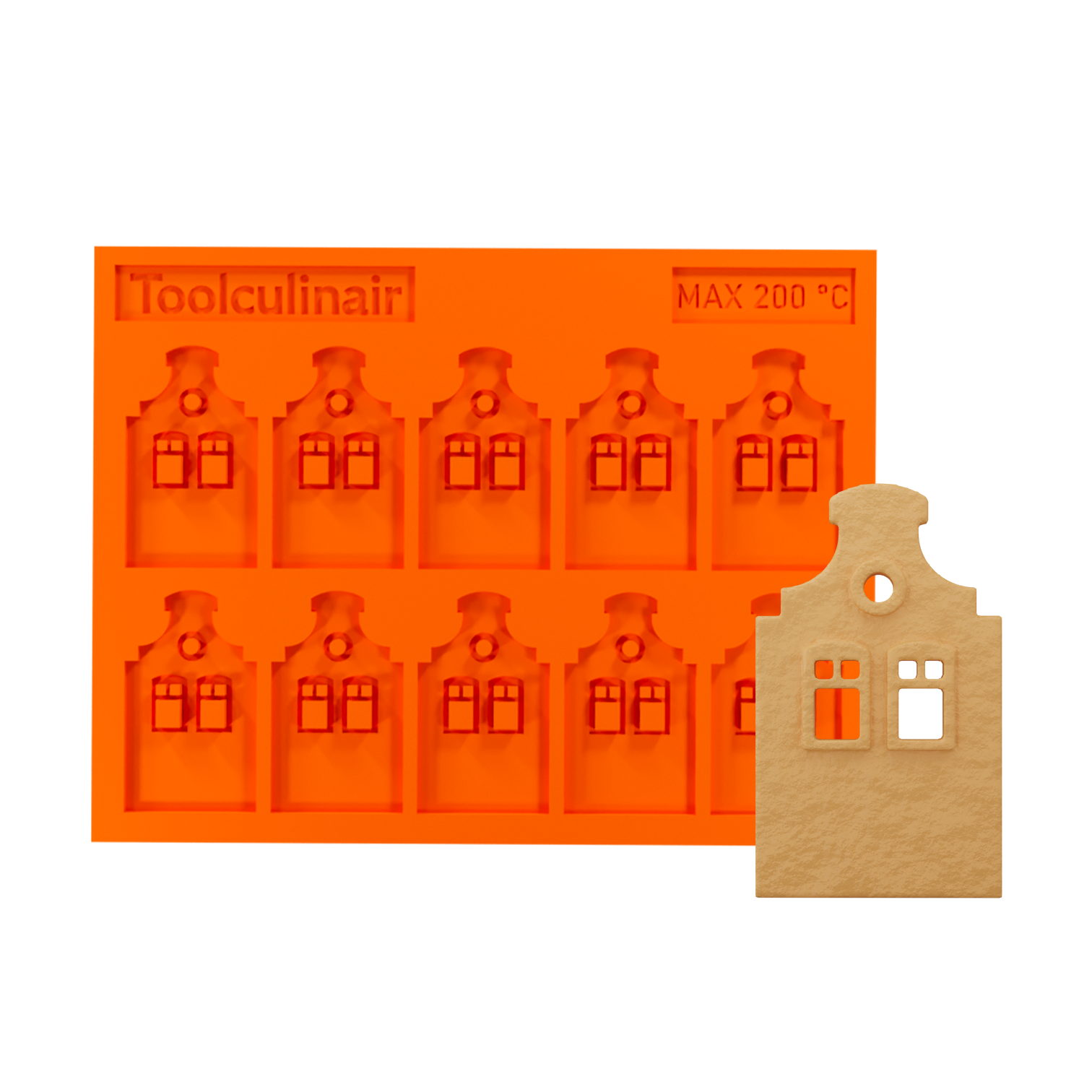 Front side view of the Bell Gable food safe silicone tuile mold designed to create detailed Dutch canal house shaped tuiles for sophisticated pastry garnishes and stylish dessert
