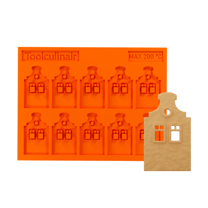Front side view of the Bell Gable food safe silicone tuile mold designed to create detailed Dutch canal house shaped tuiles for sophisticated pastry garnishes and stylish dessert
