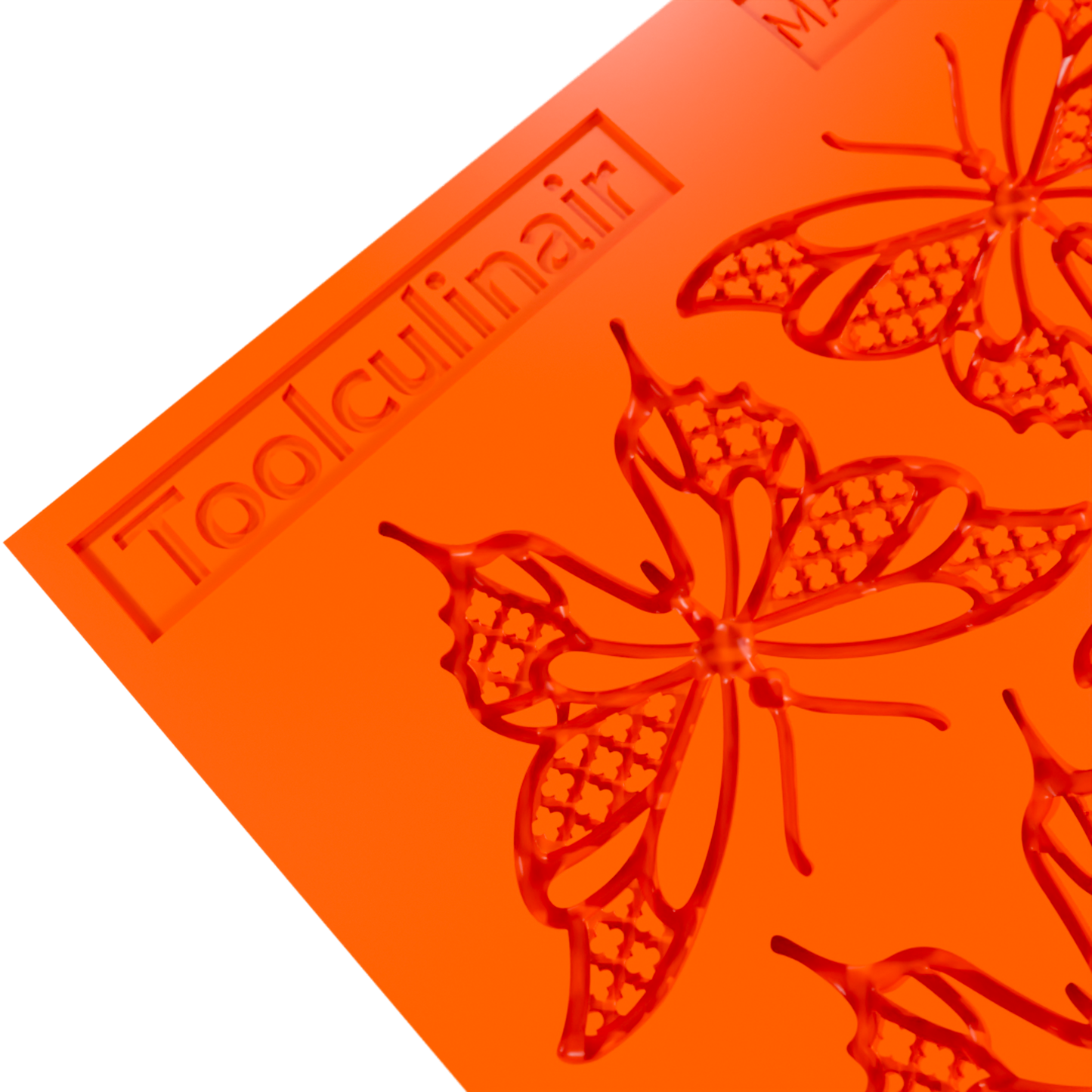 Close-up 3D render of an orange Toolculinair silicone butterfly tuile mold, showing detailed wing patterns of the mold cavity with visible Toolculinair logo on the surface.