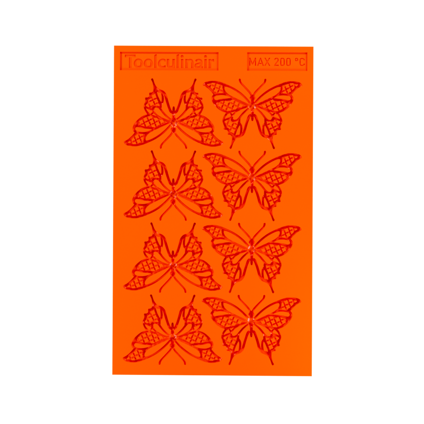 Top view 3D render of an orange Toolculinair silicone butterfly tuile mold, shown in an angled overhead view with visible wing-shaped cavities and no tuile inside the mold.