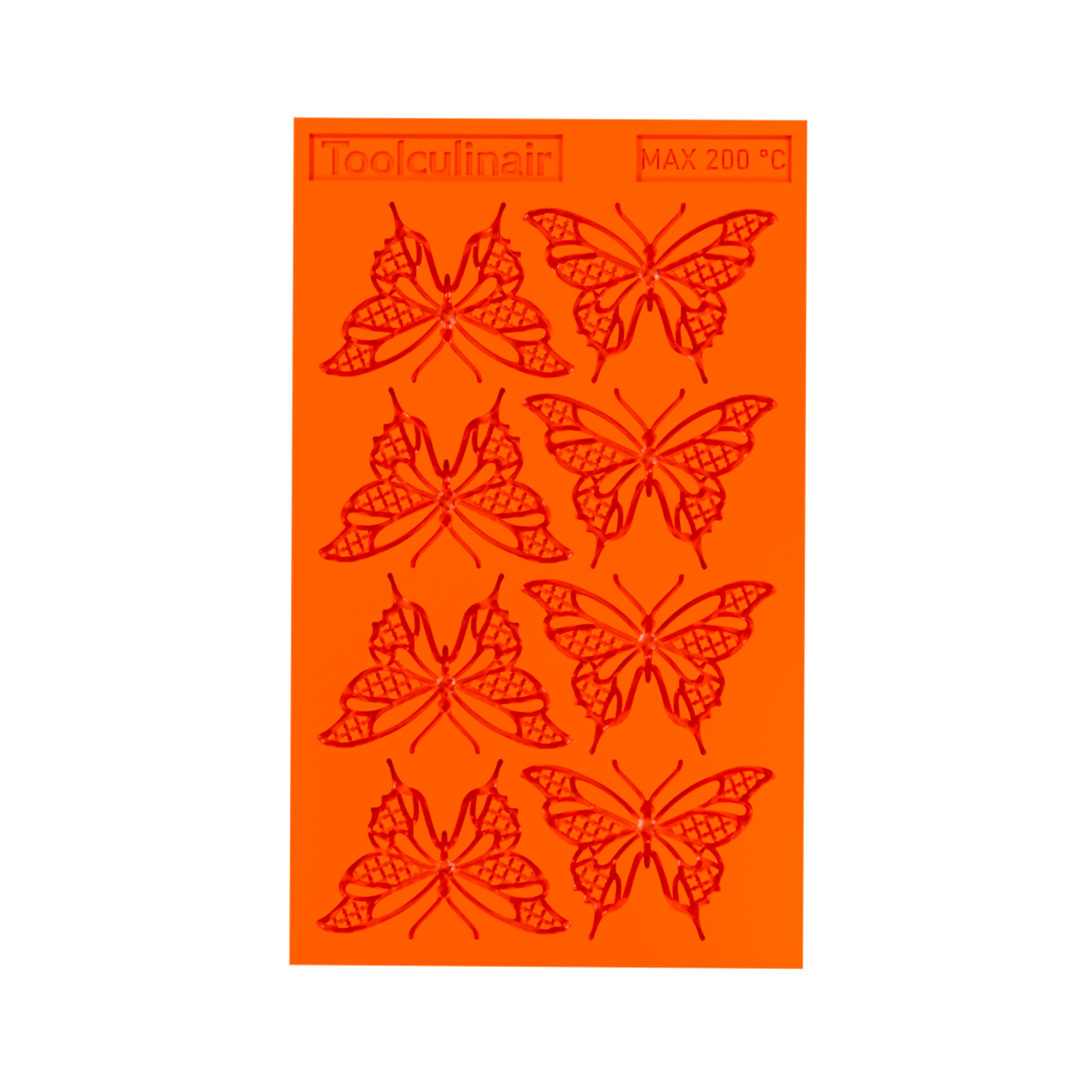 Top view 3D render of an orange Toolculinair silicone butterfly tuile mold, shown in an angled overhead view with visible wing-shaped cavities and no tuile inside the mold.