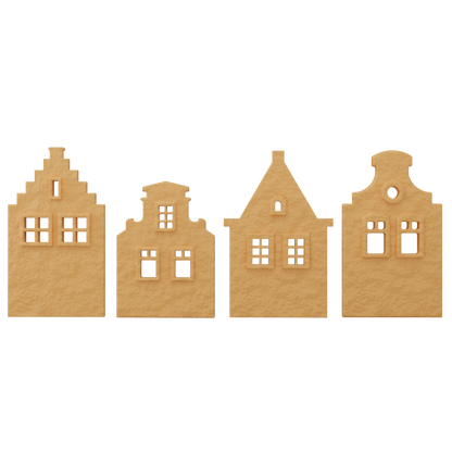 3D render of crispy tuile cookies shaped like traditional Dutch canal houses  showcasing detailed gable designs ideal for refined pastry presentations and themed dessert plating.