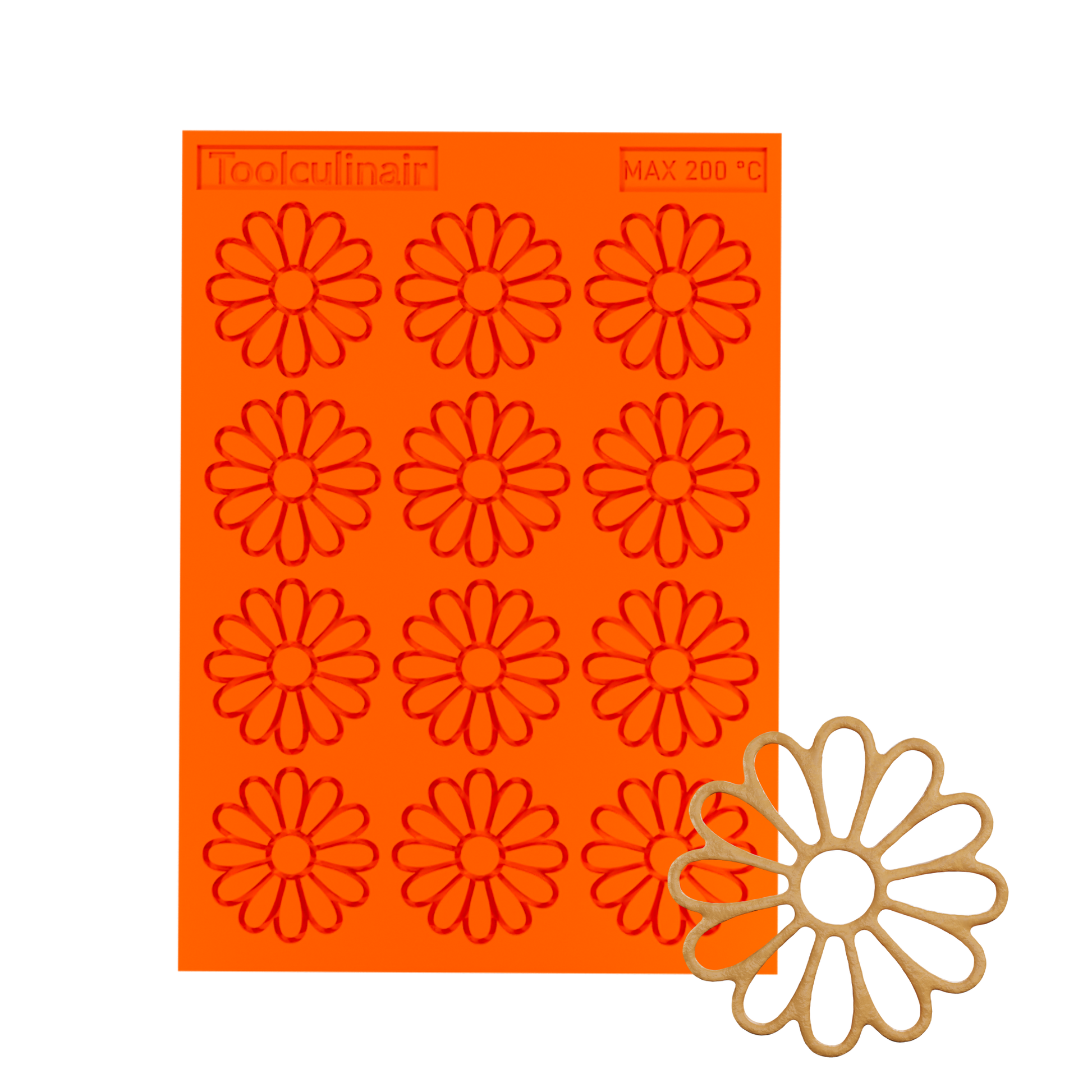 3D render of an orange Toolculinair chamomile line art silicone tuile mold with logo and 200°C marking, showing the chamomile flower shape detail in the bottom right corner.