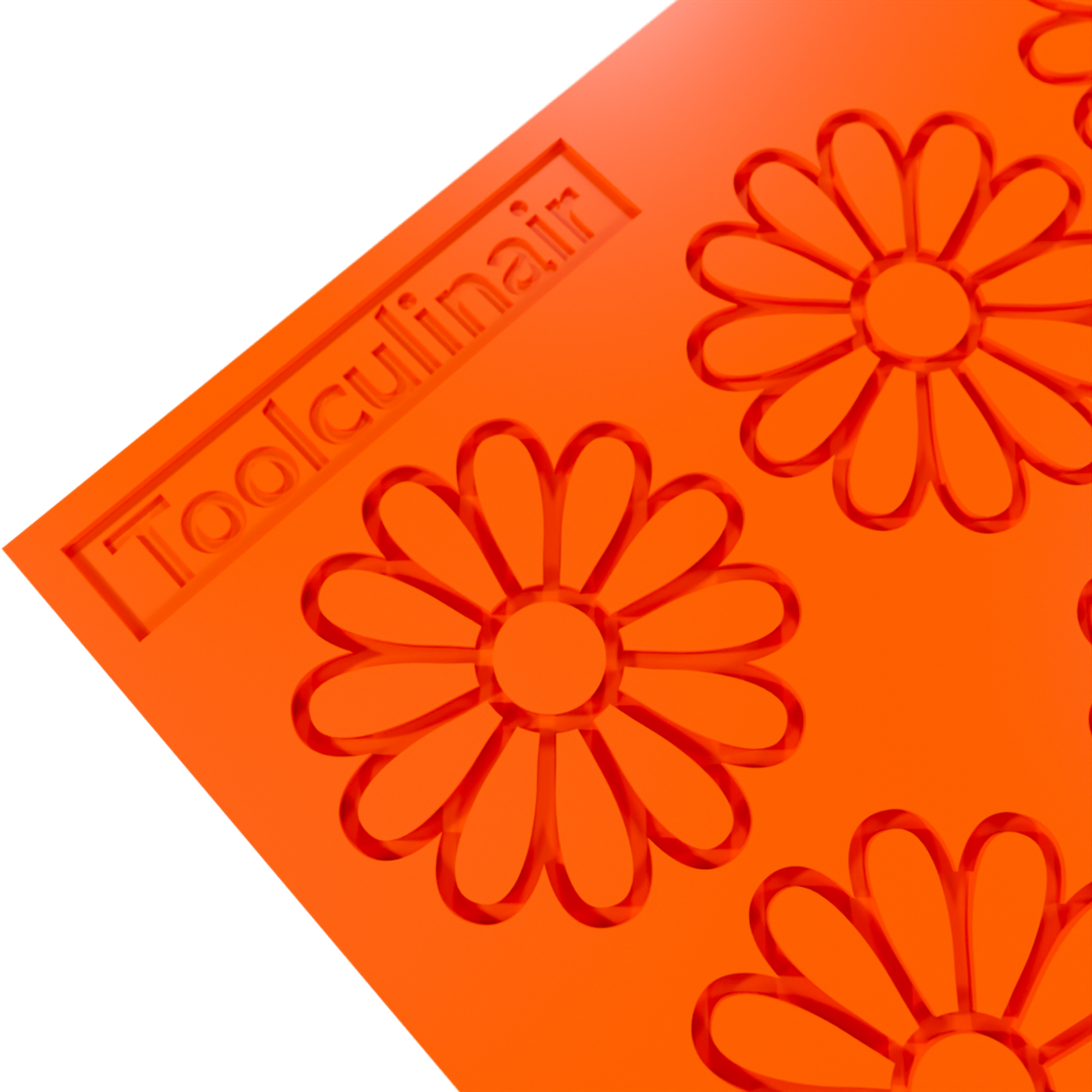 Close-up angled 3D render of an orange Toolculinair chamomile silicone tuile mold showing the flower-shaped cavity detail, with visible Toolculinair logo on the mold surface.