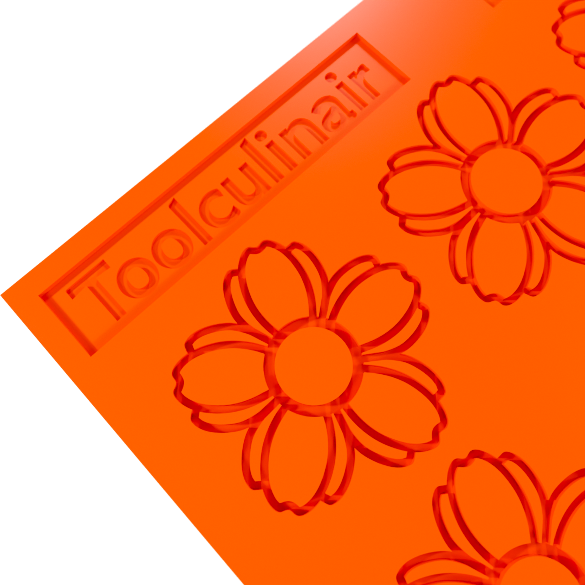Close-up 3D render of an orange Toolculinair silicone cherry blossom tuile mold, showing a corner of the mold with the Toolculinair logo clearly visible.
