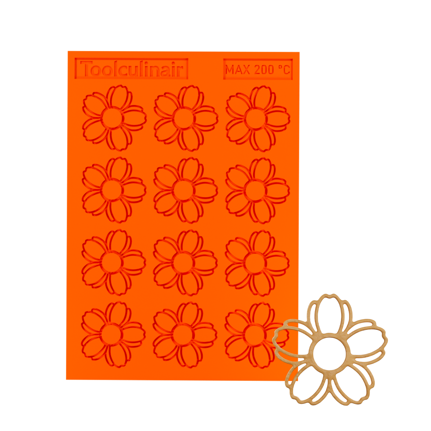 3D render of an orange Toolculinair silicone tuile mold with visible logo, showing a cherry blossom-shaped tuile cavity in the bottom right area of the mold.