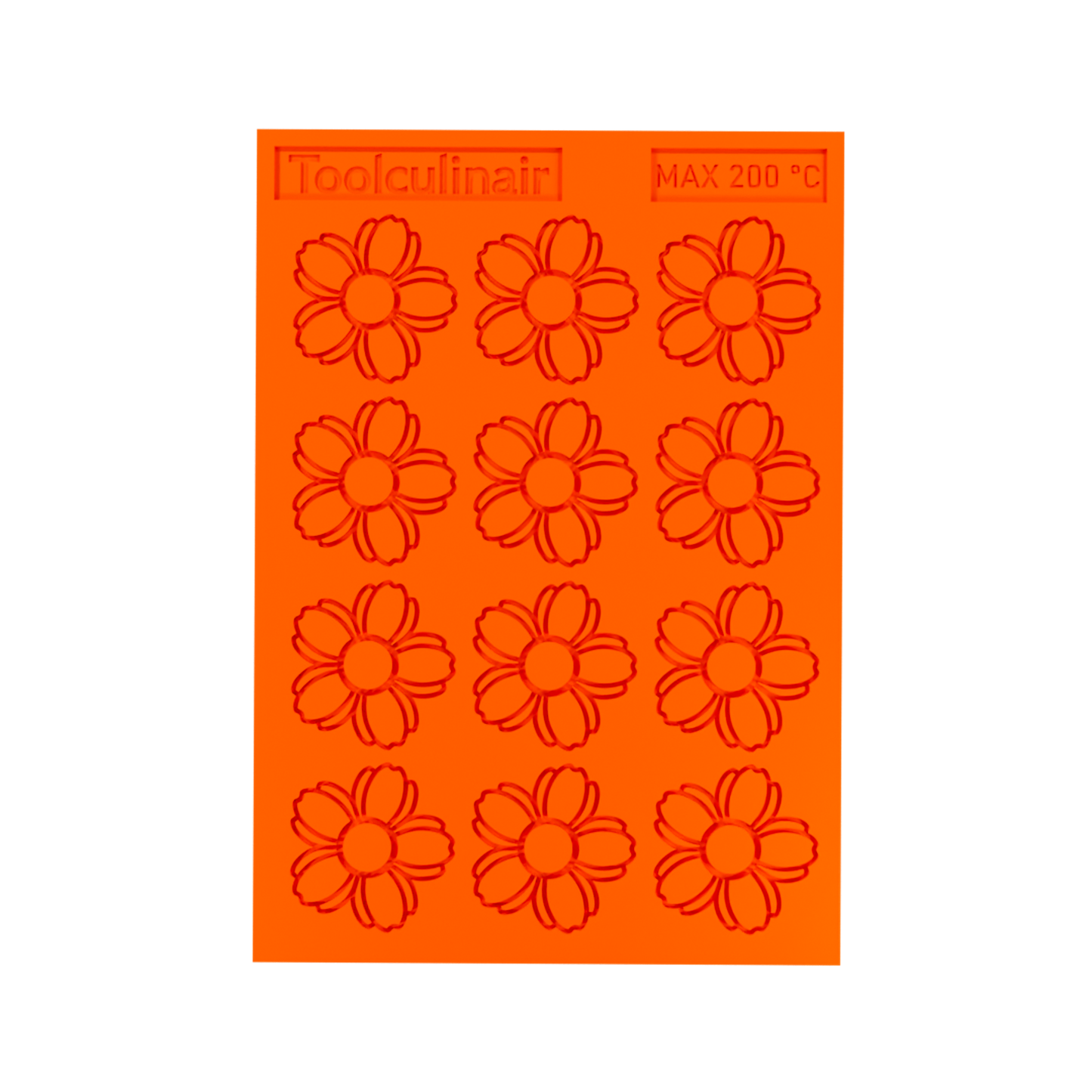 3D render of an orange Toolculinair silicone cherry blossom tuile mold with visible logo, shown in detail without any tuile placed inside the mold cavity.
