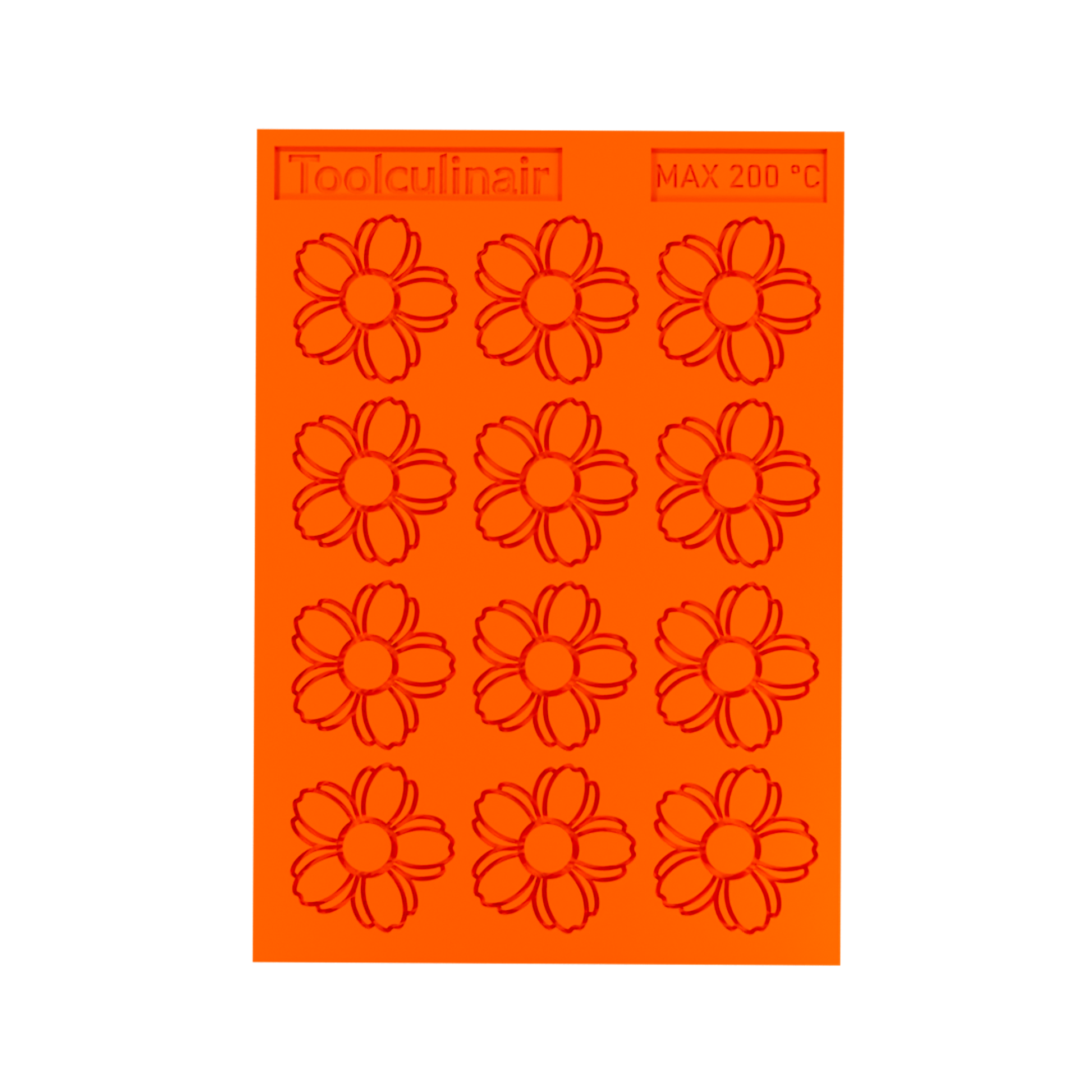 3D render of an orange Toolculinair silicone cherry blossom tuile mold with visible logo, shown in detail without any tuile placed inside the mold cavity.