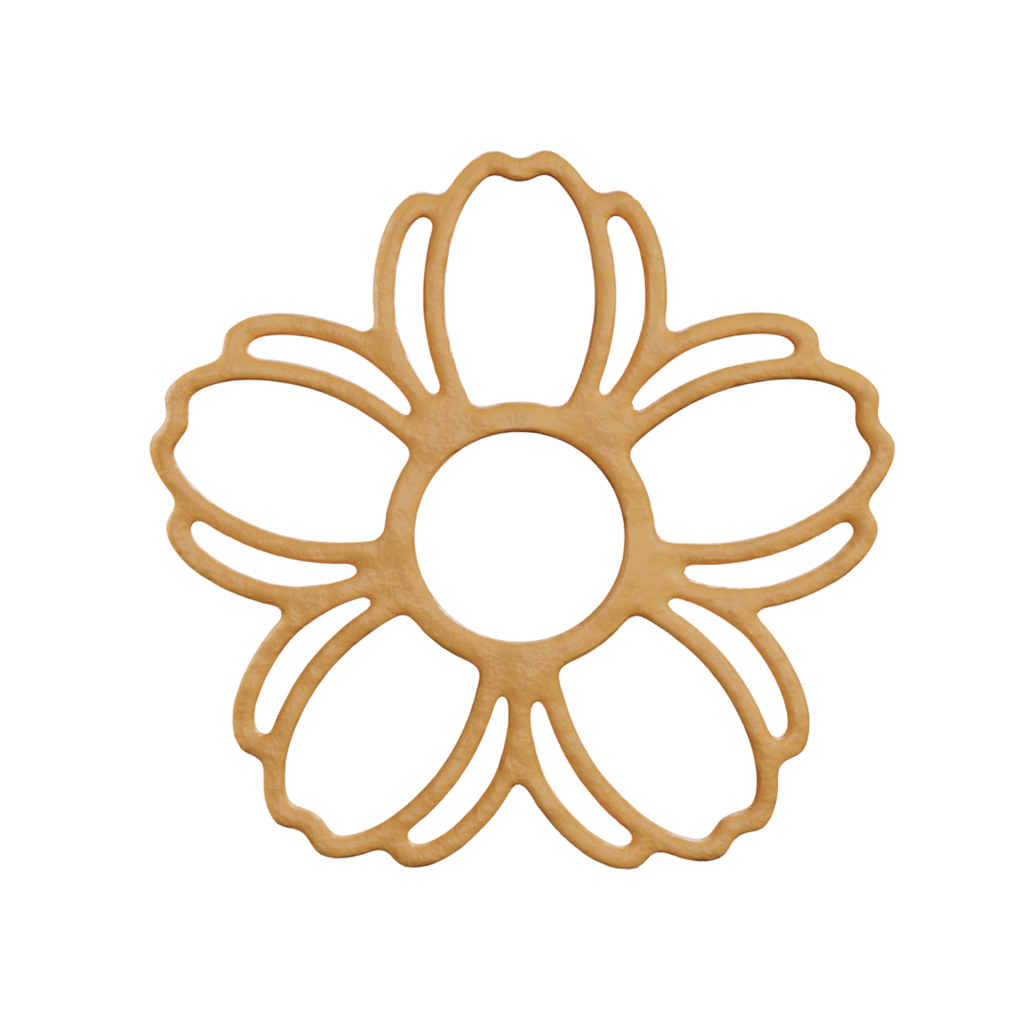3D render of a baked golden yellow cherry blossom-shaped tuile, showing the final result after being released from the mold as a delicate fine dining pastry element.