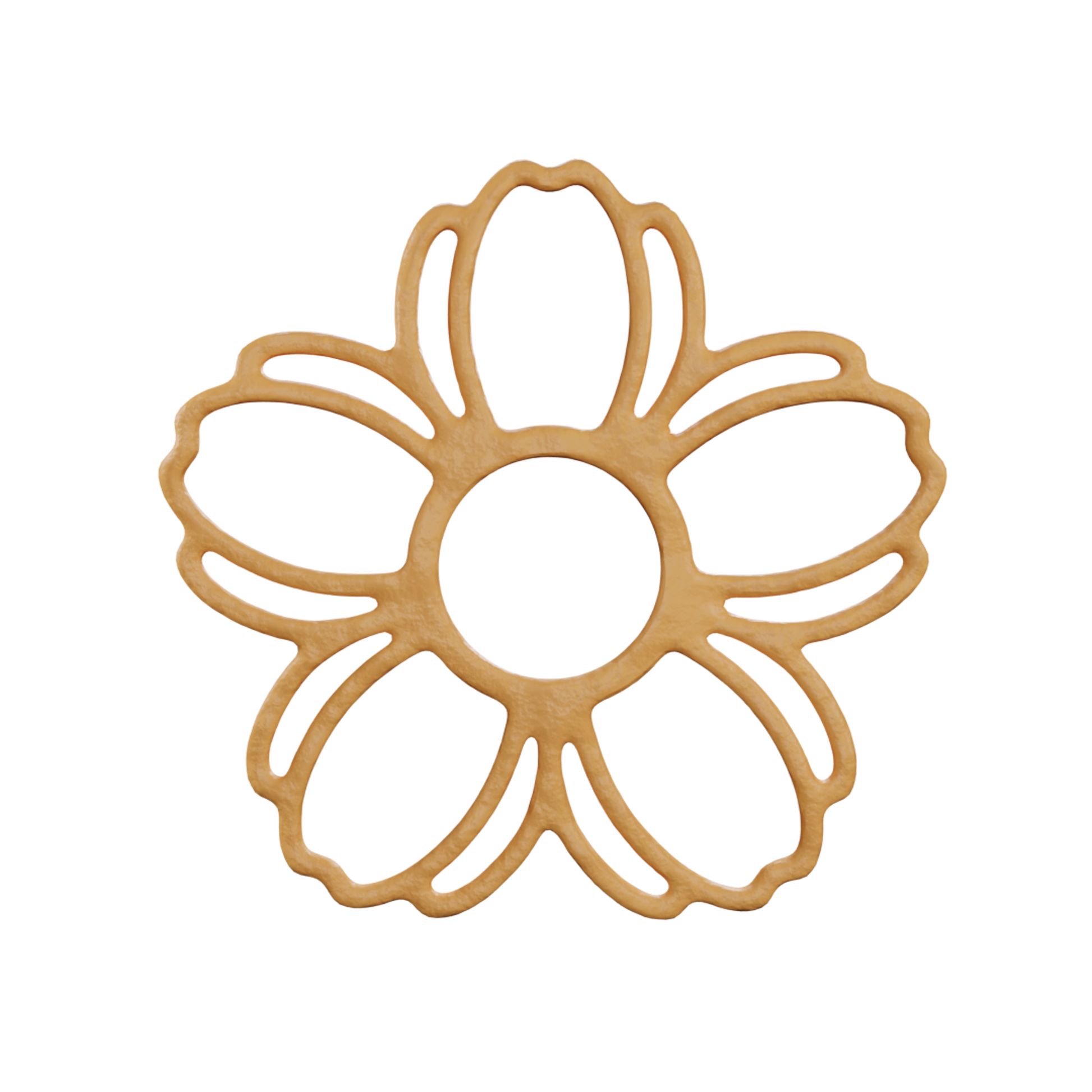 3D render of a baked golden yellow cherry blossom-shaped tuile, showing the final result after being released from the mold as a delicate fine dining pastry element.