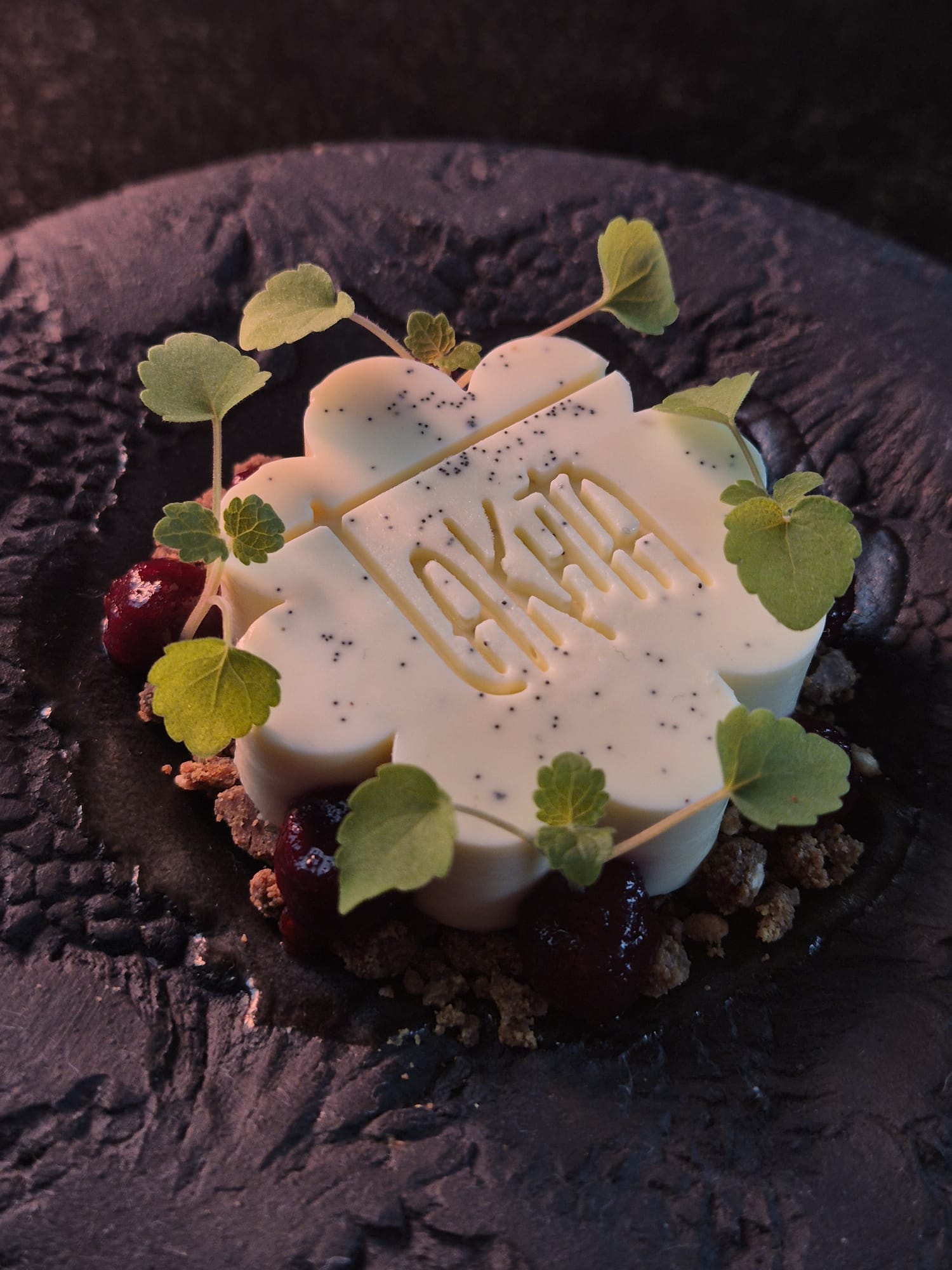 Custom silicone mold dish made for restaurant Takhta featuring a panna cotta dessert with raspberry gel around and crumble at the basebeautifully crafted for refined presentation.
