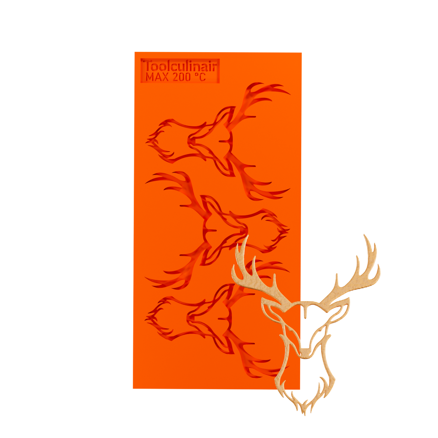 Food-safe silicone tuile mold with matching deer head tuile cookie – perfect for high-end pastry decoration, gourmet plating, and modern dessert presentations in fine dining kitchens