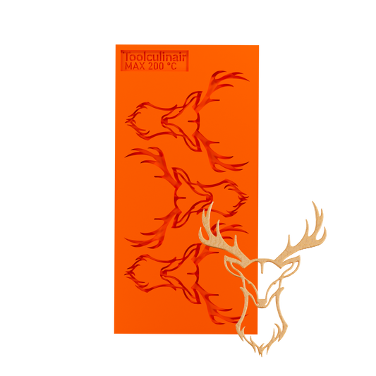 Food-safe silicone tuile mold with matching deer head tuile cookie – perfect for high-end pastry decoration, gourmet plating, and modern dessert presentations in fine dining kitchens