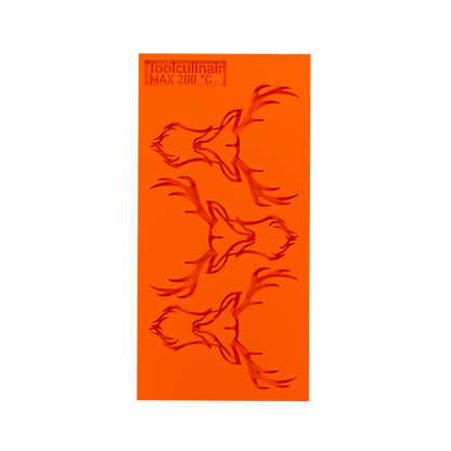 Full view of a food-safe silicone tuile mold featuring an intricate deer head design – ideal for creating elegant tuile garnishes in professional pastry and fine dining presentations
