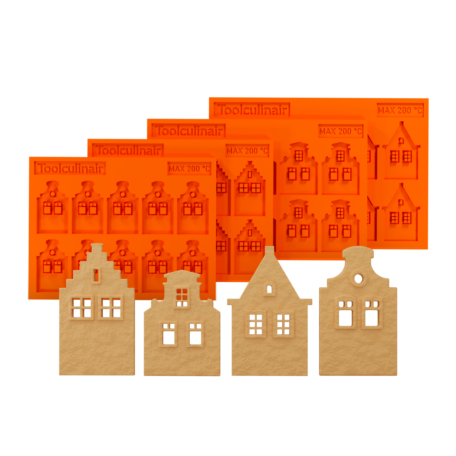 3D render of the Dutch Icons set of 4 food-safe silicone tuile molds with matching canal house shaped tuiles – featuring traditional Dutch gable designs for creative pastry decoration and elegant dessert plating