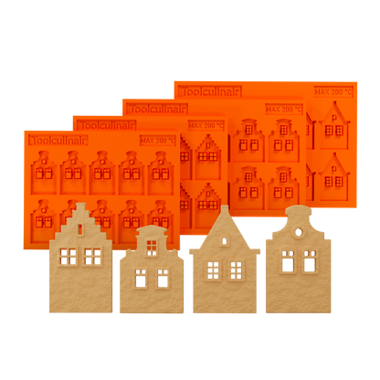 3D render of the Dutch Icons set of 4 food-safe silicone tuile molds with matching canal house shaped tuiles – featuring traditional Dutch gable designs for creative pastry decoration and elegant dessert plating