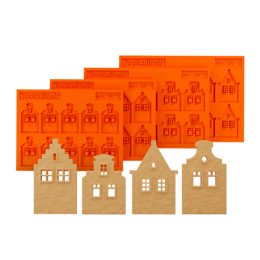 3D render of the Dutch Icons set of 4 food-safe silicone tuile molds with matching canal house shaped tuiles – featuring traditional Dutch gable designs for creative pastry decoration and elegant dessert plating