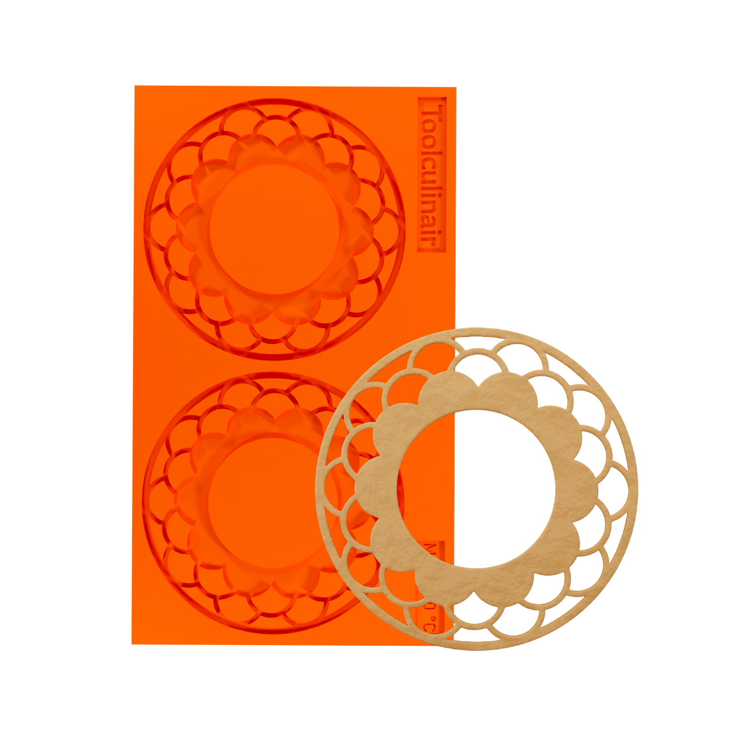Food-safe Ecliptar silicone tuile mold with filled inner ring design, shown with a matching baked tuile cookie – ideal for crafting elegant, crispy pastry decorations in professional kitchens.
