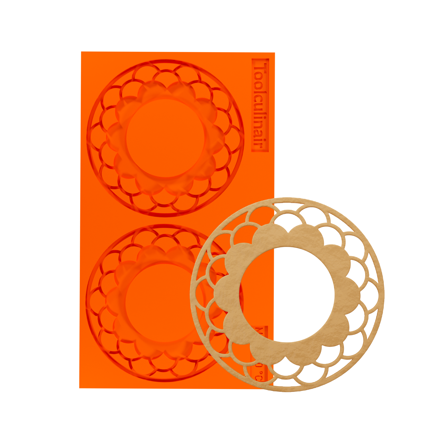 Food-safe Ecliptar silicone tuile mold with filled inner ring design, shown with a matching baked tuile cookie – ideal for crafting elegant, crispy pastry decorations in professional kitchens.