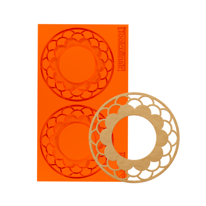 Food-safe Ecliptar silicone tuile mold with filled inner ring design, shown with a matching baked tuile cookie – ideal for crafting elegant, crispy pastry decorations in professional kitchens.