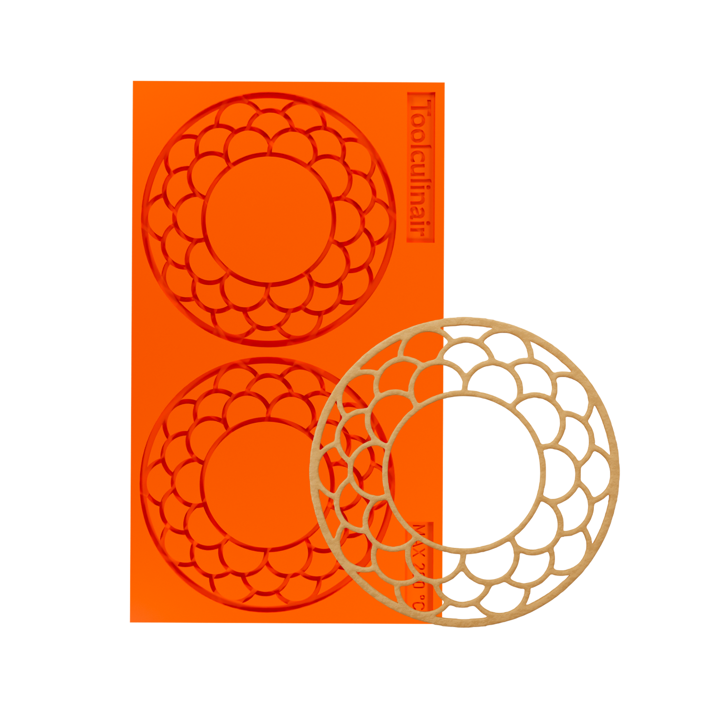Food-safe Ecliptar silicone tuile mold alongside a beautifully baked tuile cookie designed for creating delicate, crispy garnishes perfect for professional pastry and dessert plating.