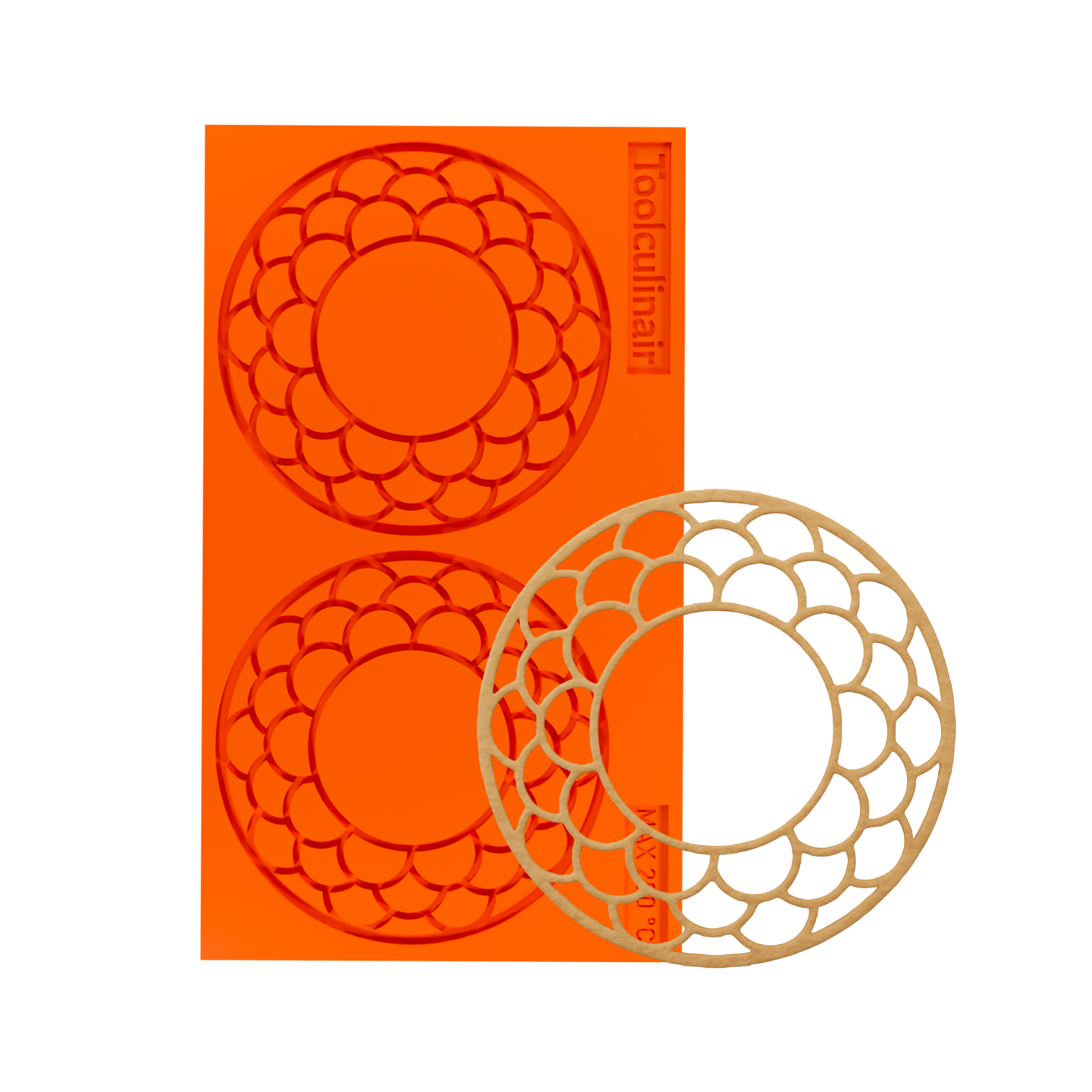 Food-safe Ecliptar silicone tuile mold alongside a beautifully baked tuile cookie designed for creating delicate, crispy garnishes perfect for professional pastry and dessert plating.