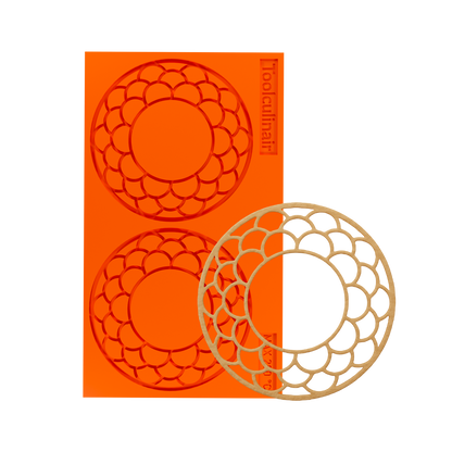Food-safe Ecliptar silicone tuile mold alongside a beautifully baked tuile cookie designed for creating delicate, crispy garnishes perfect for professional pastry and dessert plating.