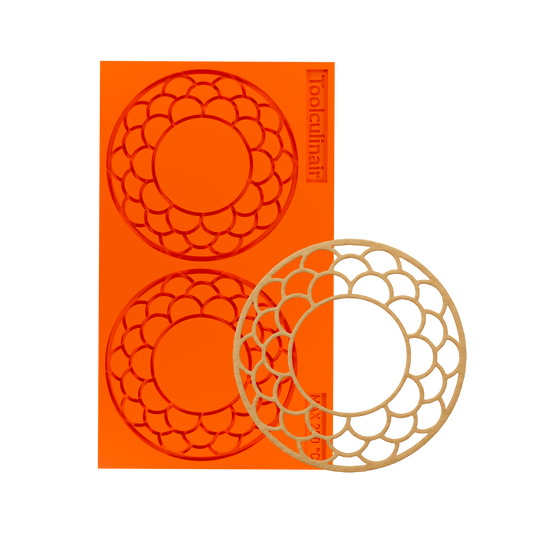 Food-safe Ecliptar silicone tuile mold alongside a beautifully baked tuile cookie designed for creating delicate, crispy garnishes perfect for professional pastry and dessert plating.
