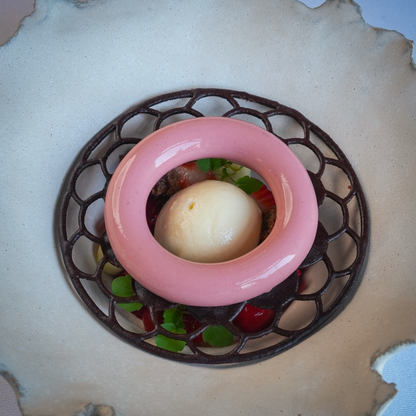 Food-safe Ecliptar silicone tuile mold placed in a dish flexible and durable mold perfect for creating intricate, crispy tuile garnishes in gourmet pastry applications.