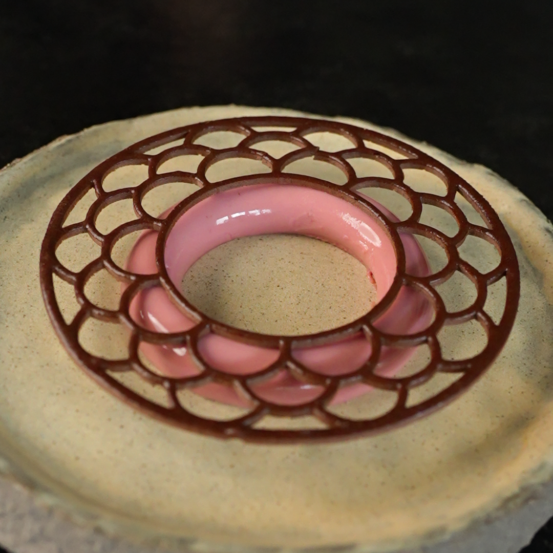 Photo of a crispy Ecliptar tuile cookie elegantly placed on a torus-shaped dessert base showcasing creative plating and sophisticated pastry design.